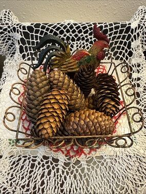 Decorative Pine Cones -Metal Basket with Rooster Accent -